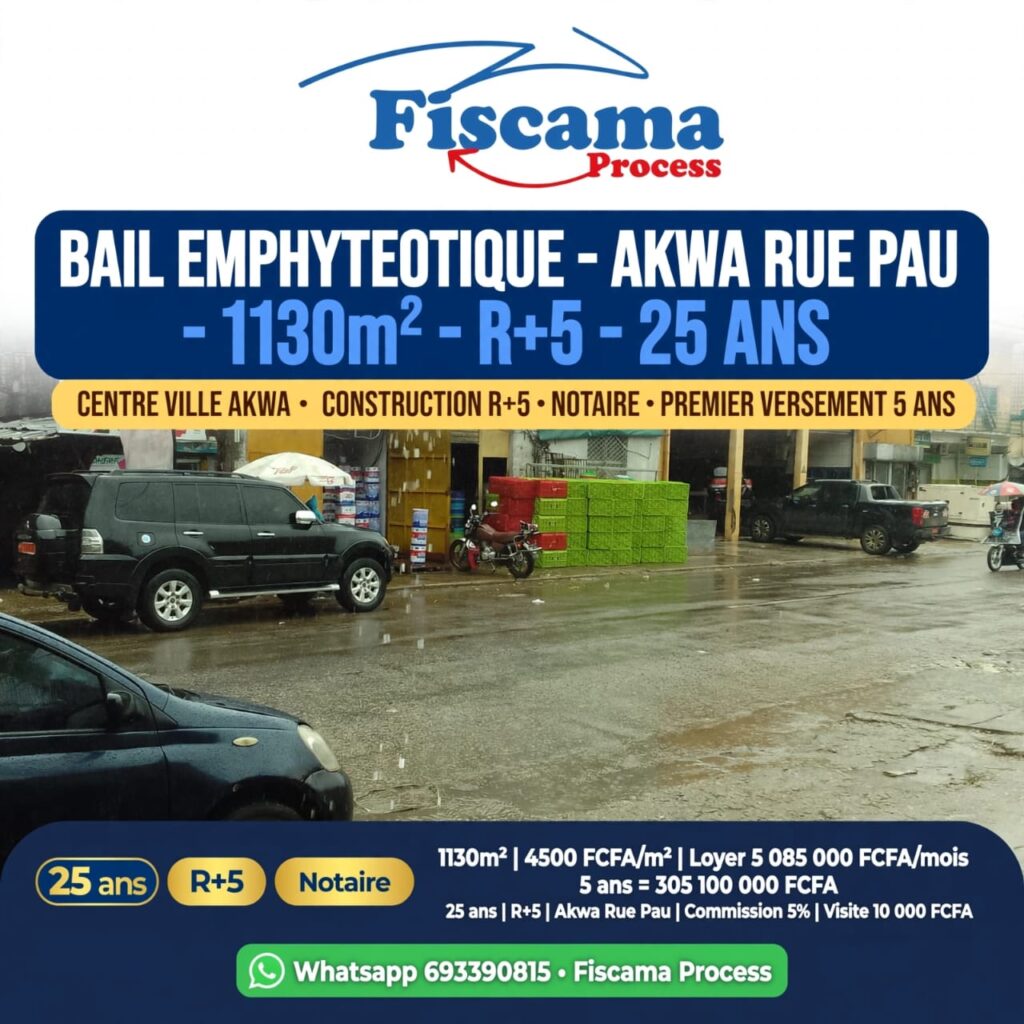 BAIL EMPHYTÉOTIQUE à Douala au quartier AKWA RUE PAU, Superficie : 1.130 m².